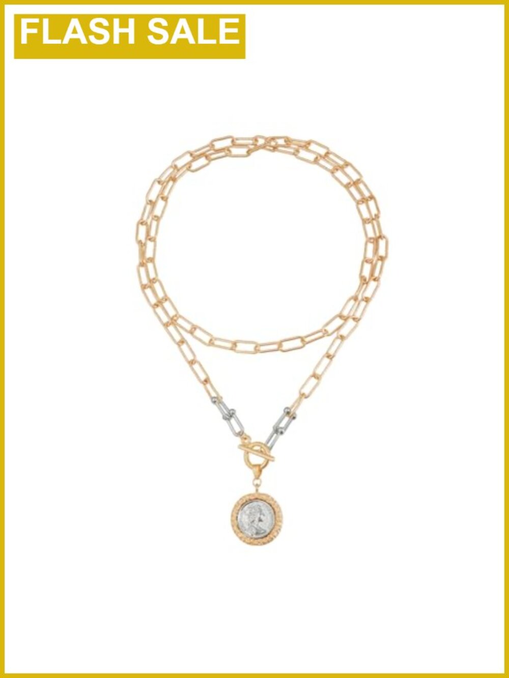 Chunky Gold Plated Reversible Coin Pendant Necklace for Women with Toggle Clasp